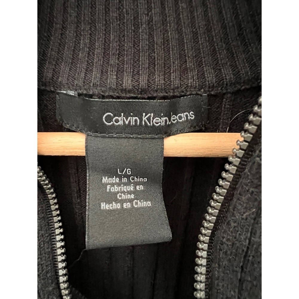 Calvin Klein Jeans Mens Black Ribbed Cotton Quarter Zip Sweater Large CKJ Logo - Picture 6 of 8